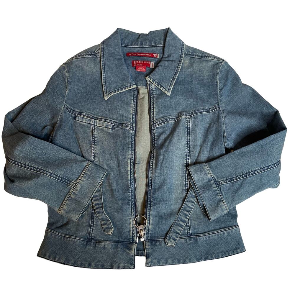 Guess Womens Medium Wash Stretch Denim Zip Front Jacket O-Ring Pull Size M